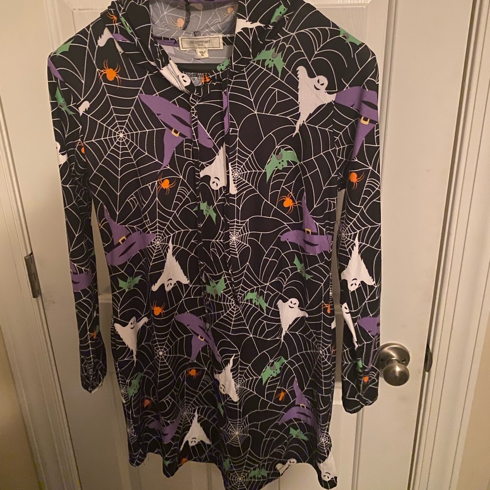 Juniors No Comment Halloween Witch hats, ghosts, spider webs Hoodie Dress XL NWT